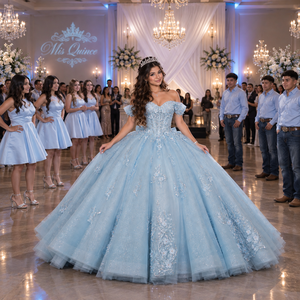 Lsdz023-Pz Luxury Sky Blue Structured Basque Bodice Botanical <b>Lace</b> <b>Appliques</b> Chiffon Sweetheart Neck Shoulder Shimmer Ball Gown - Product Image 3