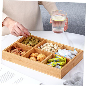 Vassoio <span class=keywords><strong>da</strong></span> Tavolo Multiuso a 6 Scomparti per Frutta, Piatto di Servizio per Dessert, <span class=keywords><strong>Scatola</strong></span> in Bambù a Sei Griglie per Snack, Patatine, Salse e Frutta Secca - Product Image 1