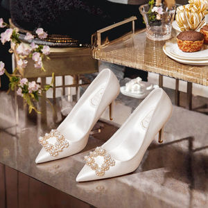 Zapatos de Novia de Tacón Alto Delgado para Mujer, Transpirables, de Microfibra, con Decoraciones de Flores de Cristal y Pedrería, para Otoño - Product Image 3