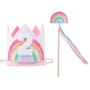 Chapeau d'anniversaire pour enfants 1-6 ans, ensemble baguette magique arc-en-ciel 2 pièces, couronne et serre-tête, fournitures de fête pour filles, Ramadan, remise de diplôme - Product Image 6