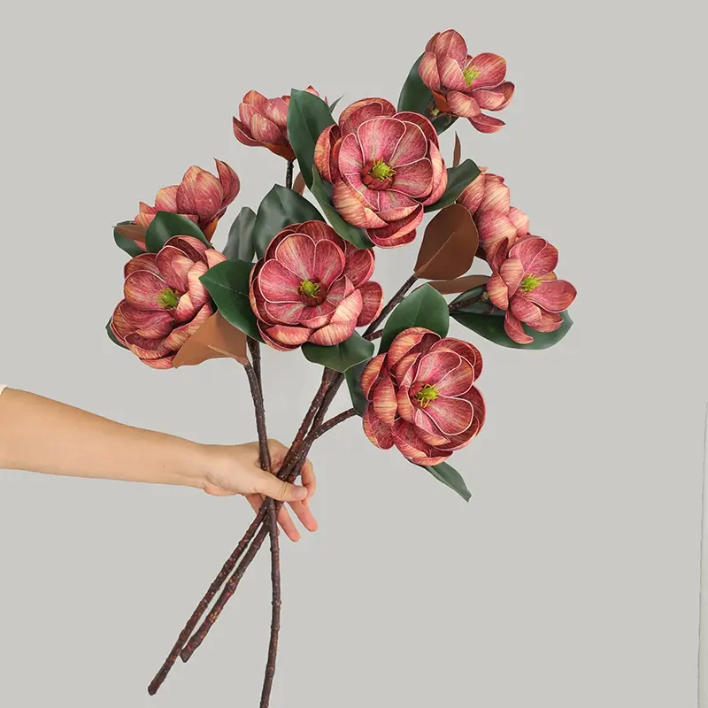 Kewei T175 Premium Kunstmatige Magnolia Bloem Real Touch Pu 3 Hoofden Herfstkleur Grote Magnolia