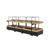 2-laags metalen houten groentepresentatiestandaard met manden, stabiel, draagvermogen, brede lay-out voor supermarktproductpresentatie