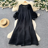 Robe décontractée pour femme WIWT, élégante, plissée, avec décor floral 3D, coupe ample en A, manches bouffantes, longueur mi-longue, pour les fêtes et le quotidien