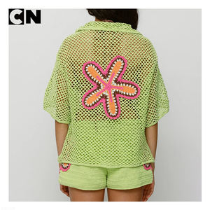 BSCI Certification Sweater Manufacturer Custom logo <b>Women</b> Vintage Cotton <b>Short</b> <b>Sleeve</b> Summer Knit <b>Cardigan</b> Sweater Crochet Shirt - Product Image 2