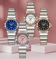 Montre pour femme en acier inoxydable de luxe avec logo personnalisé, mouvement à quartz original, aiguilles lumineuses, échelle de diamants, date, pour femmes