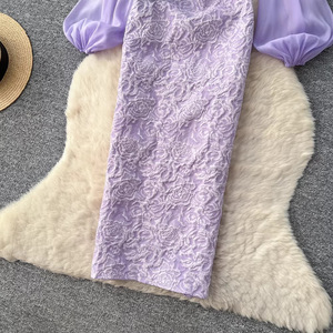 Đầm nữ tay bồng ren tím thanh lịch, đính đá, xẻ tà, ôm dáng, kiểu bodycon, phong cách thường ngày - Product Image 5