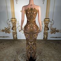 Robe de soirée sirène longue et élégante, dorée, imprimée de strass, amincissante et cintrée à la taille, haut de gamme, pour fêtes