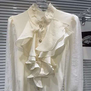 Blusa de malha feminina com decote de renda babados e fragrância pequena LE2038