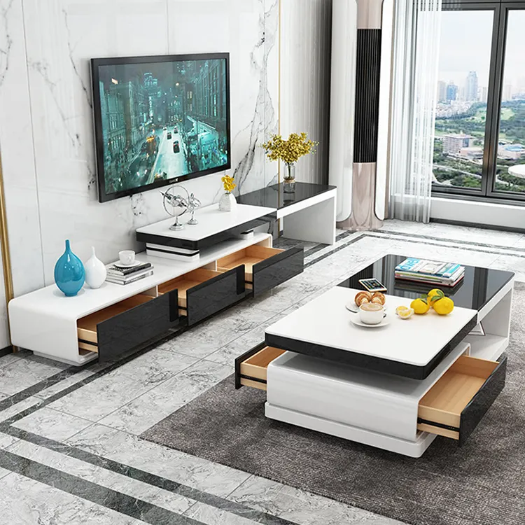 नॉर्डिक कांच स्टील पत्थर कॉफी टेबल टीवी कैबिनेट संयोजन सरल कमरे में रहने वाले फर्नीचर वापस लेने योग्य टीवी खड़े हो जाओ