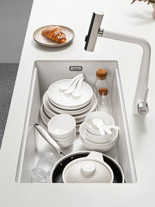 Fregadero de Cocina Grande de una Sola Pieza de Cuarzo Blanco Cielo Estrellado, de Fácil Limpieza, Acabado Granito, para Instalar Bajo Encimera - Product Image 3