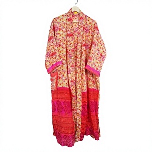 Indian Vintage Floral Silk Kimono Dressing Gown for Women Boho Style V-<b>neck</b> with Belt for Summer and Spring - Product Image 1
