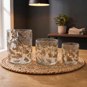 Bocal à bougie décoratif en verre droit, cylindre transparent martelé, motif feuille d'or, pour la maison, Noël, mariage, porte-bougie - Product Image 3