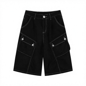 Wholesale Summer Unisex Hip Hop Breathable Mid Waist Denim Shorts <b>Black</b> Wash Baggy <b>Work</b> Vintage Raw Edge Casual Big Pocket - Product Image 3