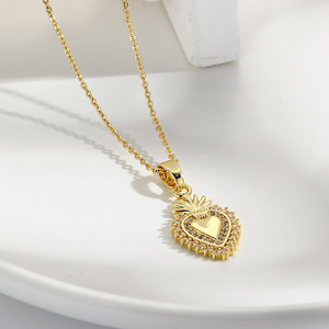NZ1496 Delicado 18K Oro CZ Pave Flaming Sagrado Corazón Joyería religiosa Amor de Dios Collar Sagrado Corazón de Jesús Collar - Product Image 6