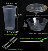 Lot de 40 Ensembles 5-en-1 : Bols à Snacks et Pots de Fruits, Gobelets en Plastique 500 ml, Bols à Emporter pour Hot Pot Ambulant avec Couvercles, Pailles et Fourchettes