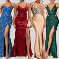 Robe de soirée à sequins pour femmes, épaules dénudées, col en V profond, fente haute, robe de soirée formelle pour la danse
