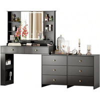 Coiffeuse de chambre moderne de luxe léger gris foncé avec miroir lumineux carré et lampe, design transfrontalier, en forme de L, multi-tiroirs, séparée