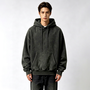 Sudadera con Capucha Oversize para Hombre, Color Liso, Algodón French Terry, Casual, con Bolsillo, Manga Larga, Estilo Lavado, para Otoño - Product Image 1