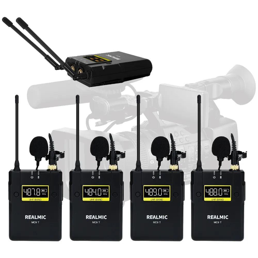 Sistema microfonico Wireless microfono professionale UHF Lavalier con trasmettitori 4X per videocamere DSLR videocamera registrazione Video