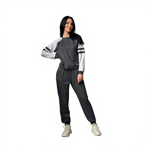 Survêtement pour femme gris anthracite et blanc color-block, sweat-shirt à col rond avec manches raglan rayées et poignets assortis - Product Image 1