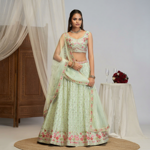 Light <b>Green</b> Embroidered Floor-Length Lehenga Choli with Dupatta Floral Border Thread Work Quick Dry Wedding Outfit for Women - Product Image 1