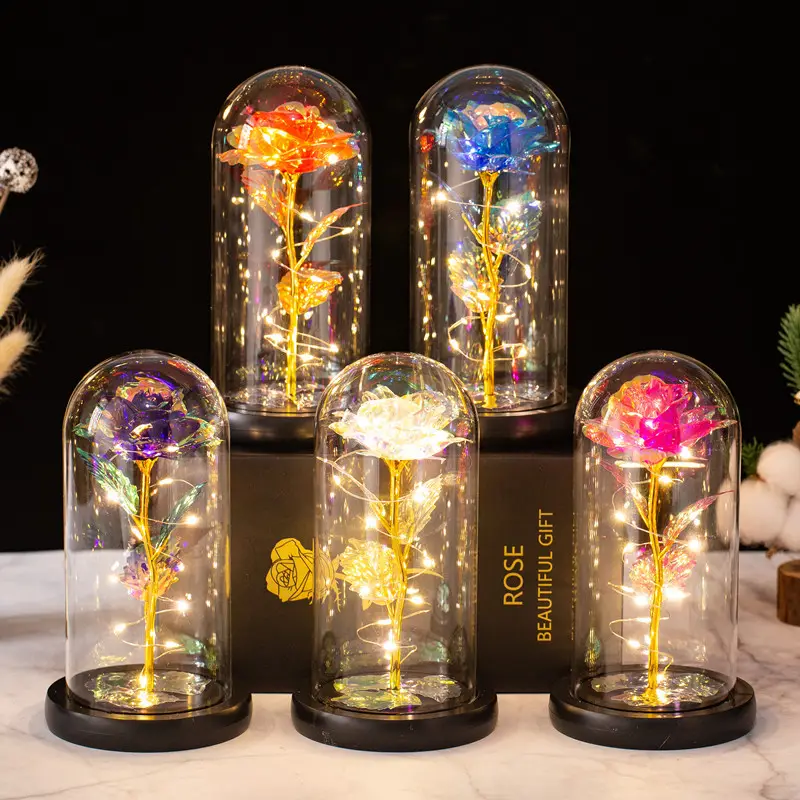 Hot Selling Home Decor Rainbow Flower Led Glass Dome Gold Flower Galaxy Rose For Decoration