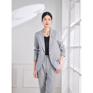 Women's Apricot <b>Blazer</b> And Trousers <b>Set</b> Full Sleeve Formal Anti-Wrinkle Suit For Commute Spring Autumn - Product Image 2