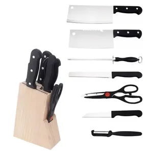 8pcs Kitchen Knife Set with Wood Block Steak Knife Set Kitchen Knife Sharpener Light Brown