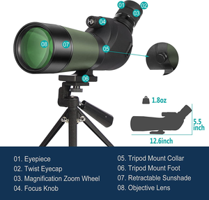 삼각대가 있는 <span class=keywords><strong>20</strong></span>-60x60 HD 스포팅 스코프, 휴대용 가방 및 스코프 전화 어댑터-BAK4 45 도 각도 스포터 스코프 - Product Image 5