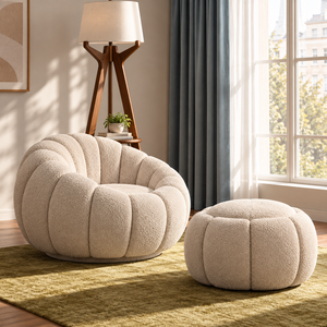 Fauteuil capitonné moderne de style mid-century en velours avec pouf assorti pour salon et chambre à coucher, meubles d'Indonésie - Product Image 3