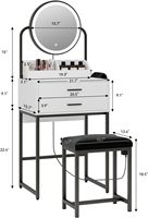 Miroir de Maquillage Lumineux en Bois avec Tiroirs, Mini Coiffeuse Compacte à 3 Couleurs Réglables, Table de Rangement Moderne Blanche pour Chambre à Coucher – Vente en Gros