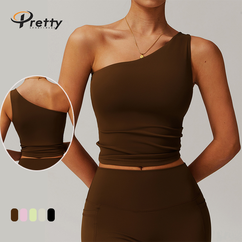 Custom Logo Single Shoulder Backless Ladies Gym Vest Fitness Active Wear Push up Sports Bra Yoga Wrap Tank Tops for Women