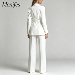 Blazer décontracté de bureau pour <span class=keywords><strong>femme</strong></span>, coupe minimaliste, en mélange de <span class=keywords><strong>lin</strong></span> blanc, avec ceinture et revers crantés, manches longues - Product Image 3