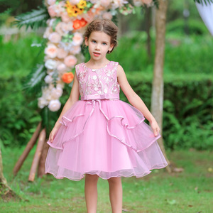 Robe de princesse pour filles, en Tulle rose, coupe trapèze, tenue de demoiselle d'honneur, col rond, brodée, tenue de fête d'anniversaire - Product Image 2