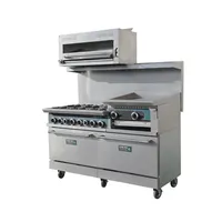 Vansenk Cuisinière à gaz commerciale 6 brûleurs avec plaque de cuisson manuelle surélevée de 24 pouces et gril, en acier inoxydable, garantie 1 an