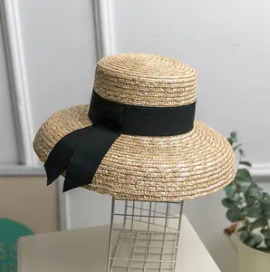 Neuankömmling Großhandel Sommer Dame Französisch Hepburn Retro Band Sonnenschirm Strand hut Outdoor Sonnenschirm Flache Strohhüte für Lady Girls