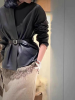 3108 haute qualité noir manches longues col montant femmes veste en cuir véritable avec ceinture