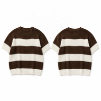 Pull en tricot rayé marron crème décontracté pour femme, manches courtes, col rond, coupe ample, 100% polyester
