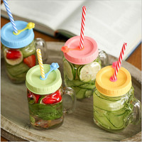 Tasse en verre transparent avec poignée 480ML Creative Sippy Son Cup Ménage 16 oz 500ml Emboss Mason Jar avec couvercle et paille