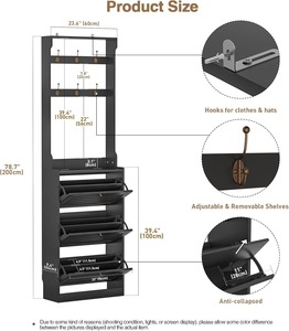 靴キャビネットトオールナローブラックウッドコートラック3フリップ靴引き出し付き6コートフックスペース節約 - Product Image 5