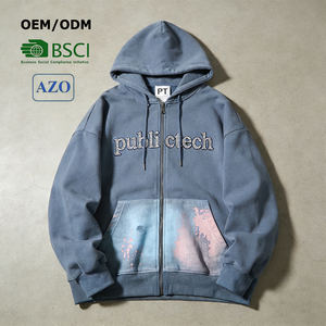 เสื้อฮู้ดดี้แฟชั่นสตรีทแวร์แบบสั่งทำพิเศษ 400gsm ประดับตัวอักษรด้วยคริสตัล ผ้าฝ้าย 100% ทรงบ็อกซี่ฟิต ลุคซักฟอกแบบดิสเทรส ซิปหน้า สำหรับผู้ชาย เป็นมิตรต่อสิ่งแวดล้อม - Product Image 1