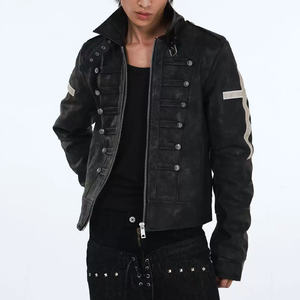 เสื้อโค้ทหนัง PU สำหรับผู้ชาย รุ่น Gothic Knight Series  ตกแต่งกระดุมรูปกางเขน  แบบผูกเชือกสองแบบ  ทรงเข้ารูป  ไหล่ตรง  แบบครอป - Product Image 2