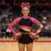 Ensemble d'uniformes de cheerleading tendance noir, rose et or, avec jupe et haut à manches longues à découpes et bordure dorée, service OEM, pour adolescentes