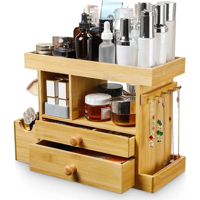 Extra Dikke Aanrechtblad Groothandel Houten Koffer Bamboe Cosmetische Opbergbak Make-Up Organizer Met Lades