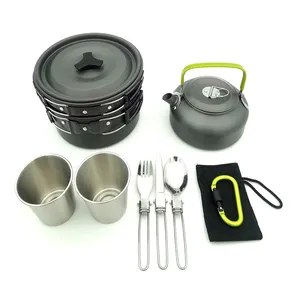 Aluminum Camping Cooking Set Accessories Portable And Lightweight Cookware Mess Kit Pot Pan And Teapot For Outdoor Hiking Picnic