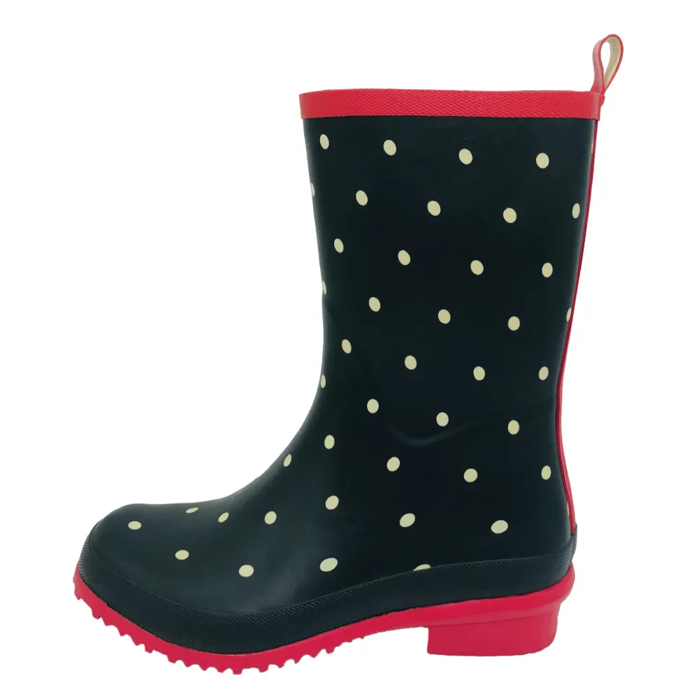 China Supplier Matte Classic Navy Blue Polka Dots Mid Top Lightweight Rubber Rain Shoes Boots