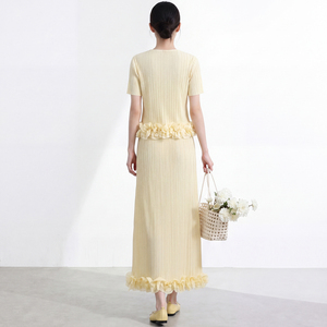 Women's Sleeveless Pleated Long <b>Dress</b> Suit With <b>Ruffles</b> Crew Neck Short Sleeve Elegant Spring Summer Full Length Regular Fit - Product Image 5