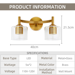 Modern Copper Wall <b>Lamp</b> With Glass Cylindrical Shades LED <b>Warm</b> White Light For Bathroom Vanity Mirror - Product Image 3
