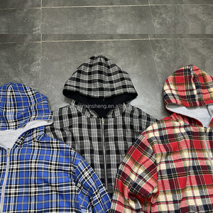 ผู้ผลิตเสื้อผ้า XINSHENG เสื้อแจ็คเก็ตฮู้ดดี้ทรงบ็อกซี่แบบครอป ผ้าฝ้ายเฟรนช์เทอร์รี่สองชั้น ซิปแบบกลับด้านได้ ลายสก็อต สำหรับผู้ชาย - Product Image 3