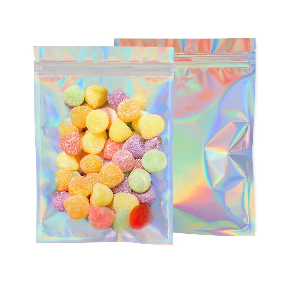 Hot Sale One Side Clear Rainbow Holographic Packaging Bags Glossy Laser Zipper Lock Bag Candy Gift Packaging Plastic Jewelry Bag